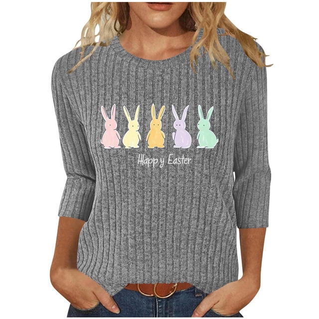 Camiseta de Cuello Redondo Impresa Casual de Manga 3/4 de Mujer Y Blusas, Tops de Moda de Otoño E Invierno