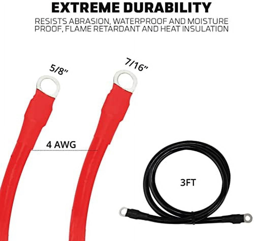 Power Bright 4 AWG 3ft High Amp Pure Copper Battery Cable with 5/8" and 7/16" Lugs, Professional Series 4 Gauge Wire Cables for Car Power Inverter, RV Battery, Boat, Marine and Solar Applications