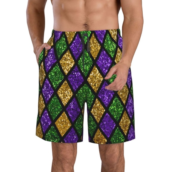 Vsdgher Mardi Gras Shiny Green Purple Men's Beach Shorts, Surfing shorts, Swim trunks, Quick Dry Swim Trunks for Surfing Beach Fun -Small