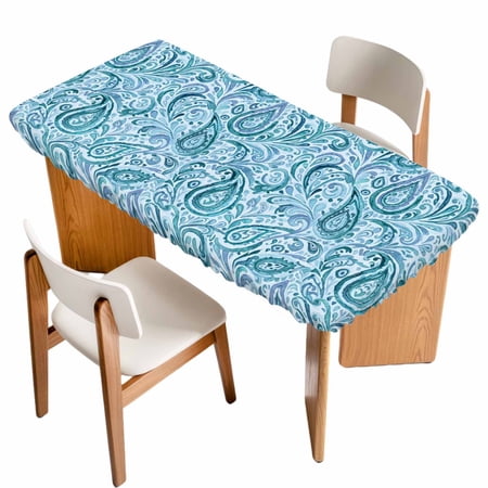 Light Blue Teal Table Cloths for 5 Foot Rectangle Tables Retro Botanical Abstract Art Patio Waterproof Elastic Fitted Tablecloths Washable Rectangular Table Cover for Camping