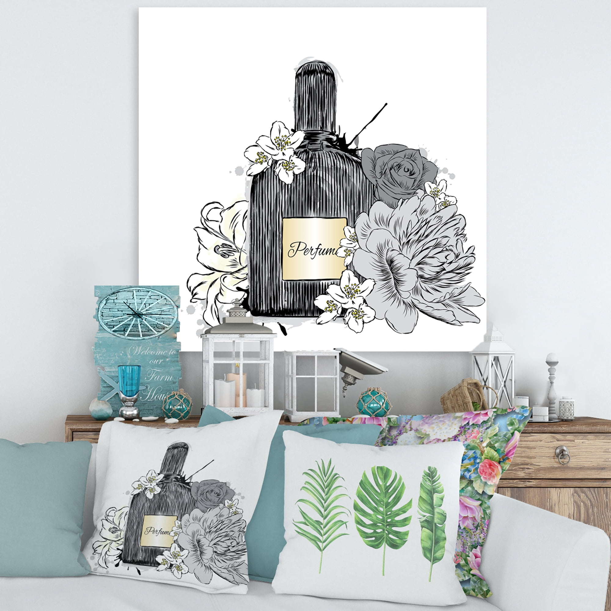 Bouquet of Flowers and Perfume Bottle III 16 in x 16 in Painting Canvas Art Print, by Designart