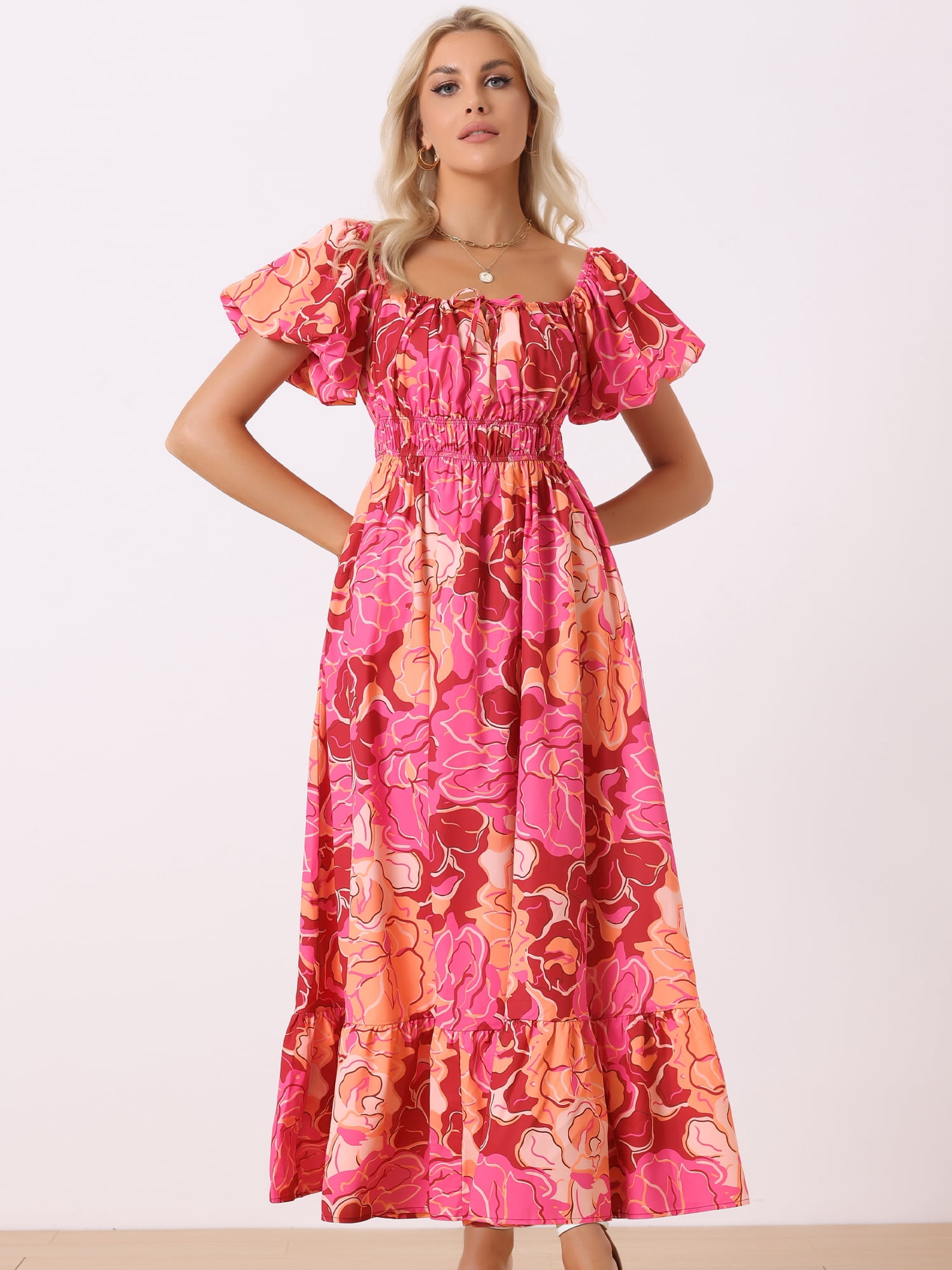 DARING DIVA Women Floral Sweetheart Neck Puff Short Sleeves Boho Maxi Dress XL Pink