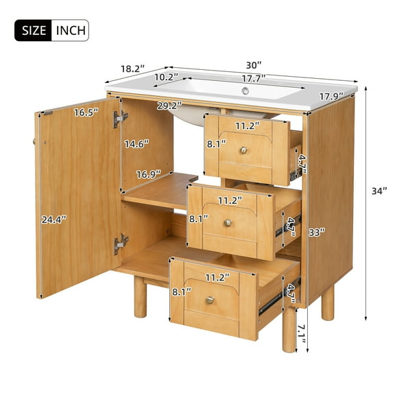 30 Inch Bathroom Vanity with Ceramic Sink, Bathroom Vanity with 3 Drawers, 1 large Soft Closing Door, Farmhouse Bathroom Storage Cabinet , Ideal for Home