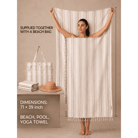 Arlene Turkish Beach Towel with Carry Bag, 100% Turkish Cotton, Quick Dry, Sand Free, Oversized 39 x 71 Inch, Cream Striped