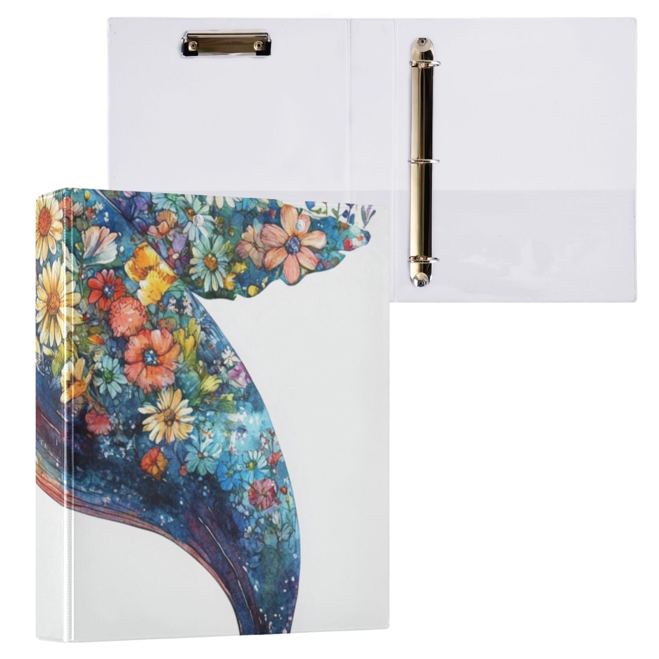 Flowers Whale 3 Ring Binders 1.5 inch Hardcover File Folders with Interior Pockets A4 Size Organizer for School Office Hospital