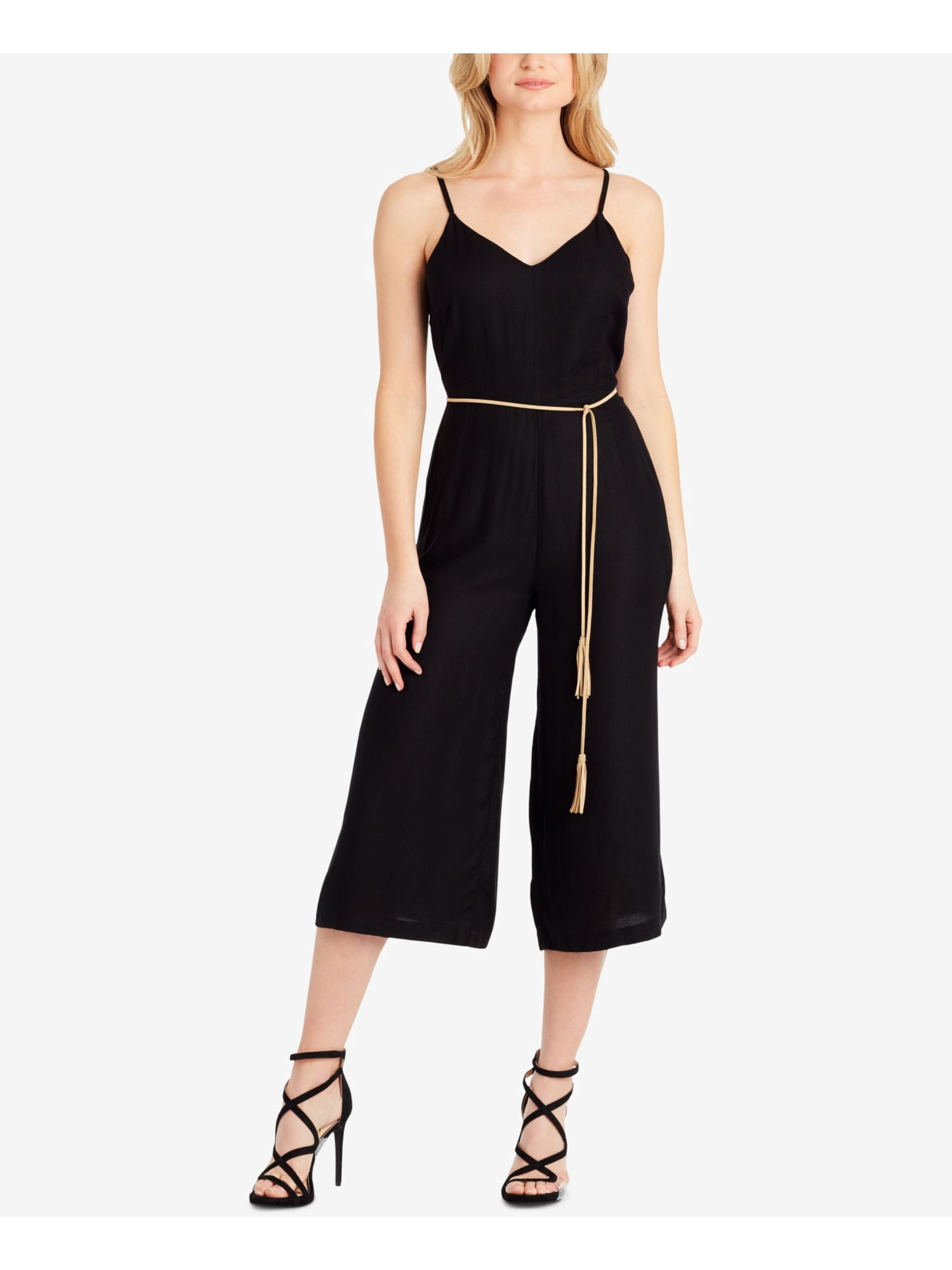 JESSICA SIMPSON Womens Black Tassel Cropped Spaghetti Strap V Neck Jumpsuit  Size XS