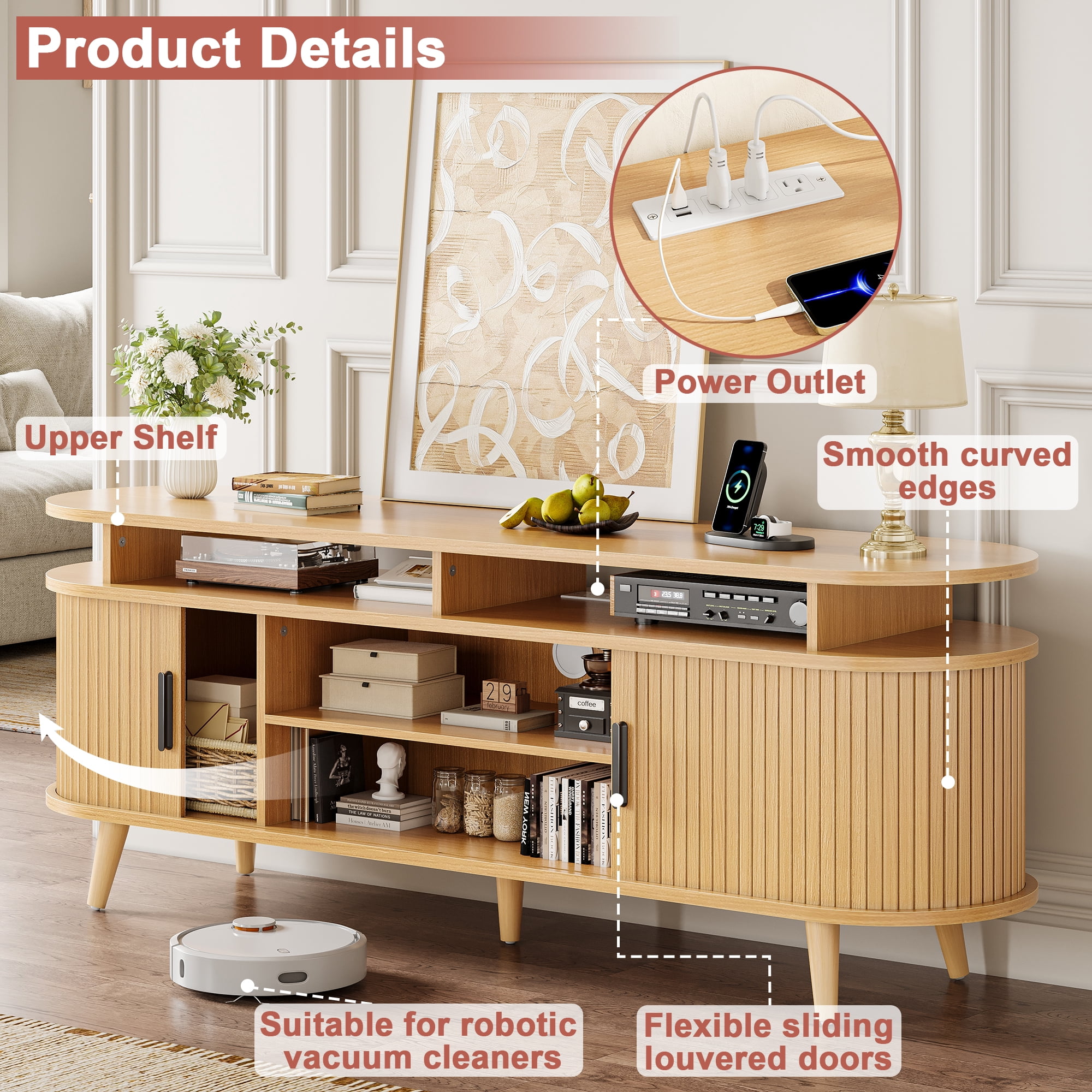 GUNAITO TV Stand for TVs up to 70", Wood TV Stand for Living Room with LED Lights , Entertainment Center with Storage and Shelves, Natural wood