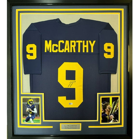 Framed Autographed/Signed J.J. JJ McCarthy 35x39 Michigan Blue College Football Jersey Beckett BAS COA
