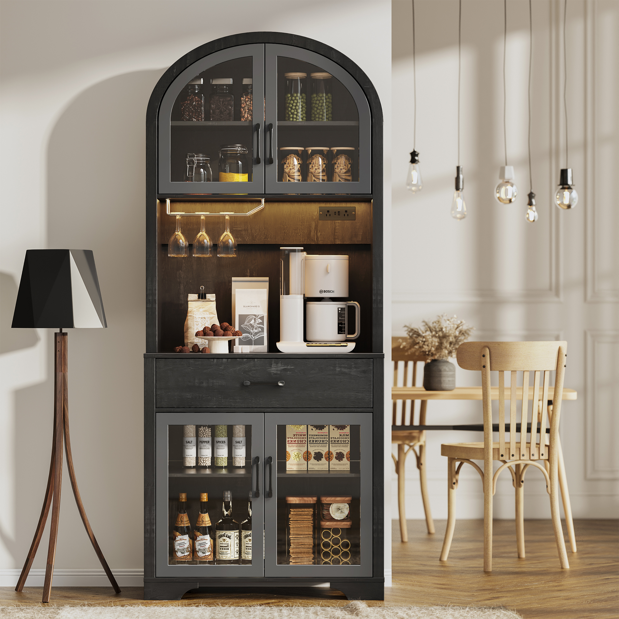 75" Tall Pantry Hutch with Charging Station and Microwave Stand, Kitchen Cabinets Hutch Cupboard for Kitchen, Dining Room, Black