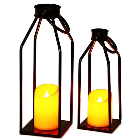G128 2PCS Black Metal Frame Flameless Candle Lanterns Decorative | Modern Farmhouse Lantern Home Decor for Living Room, Indoor, Outdoor, Front Porch | No Battery Included