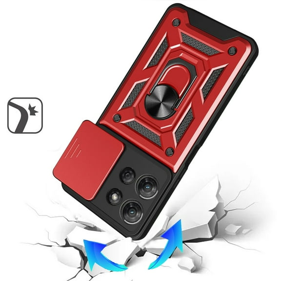 For Motorola Moto G Stylus 5G 2025 Case, Hybrid Case with Slide Camera Lens Cover, Ring Kickstand, Heavy-Duty Dual Layer TPU, Fit Magnet Car Mount Phone Cover (Red)