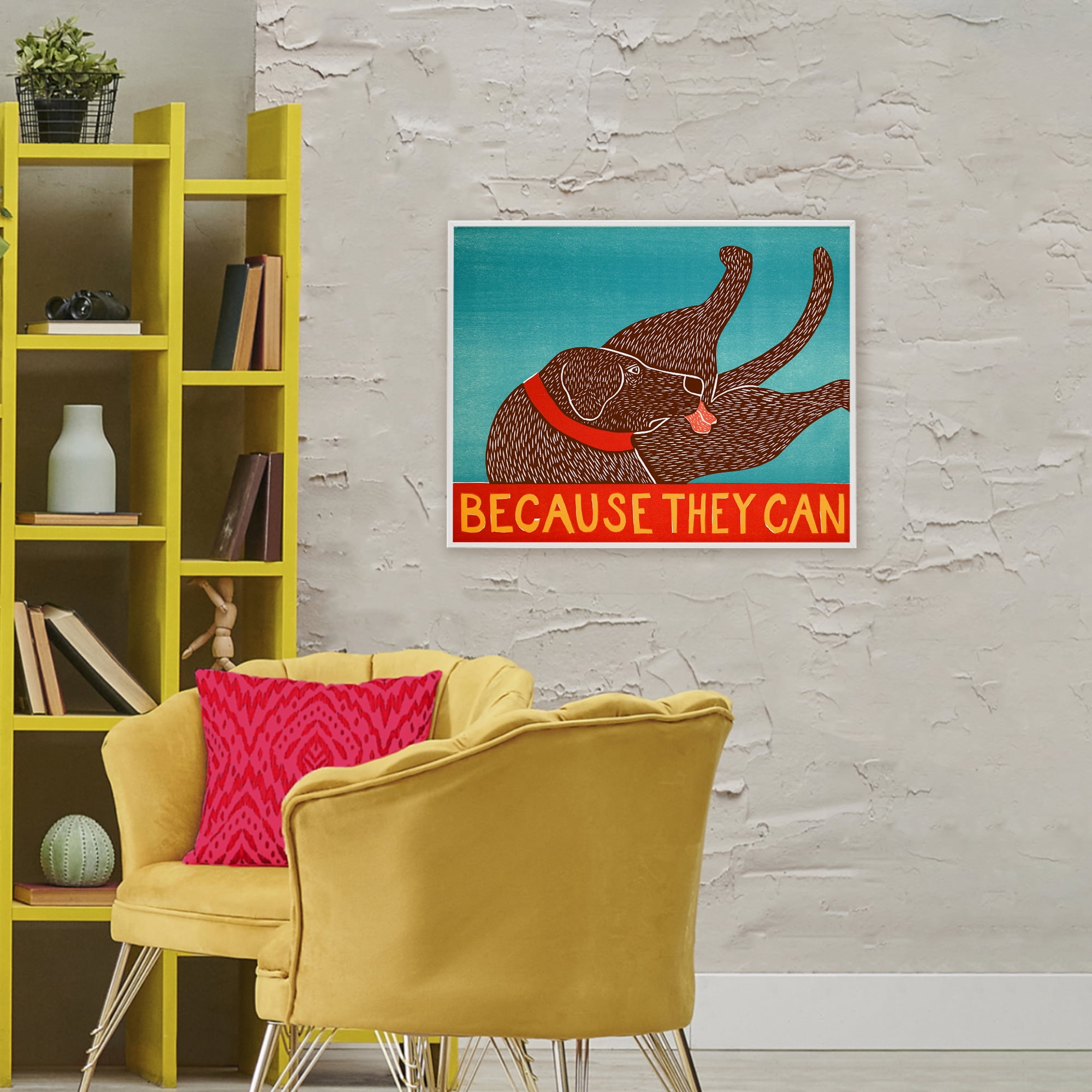 Because They Can Funny Dog White Framed Giclee Art, design by Stephen Huneck