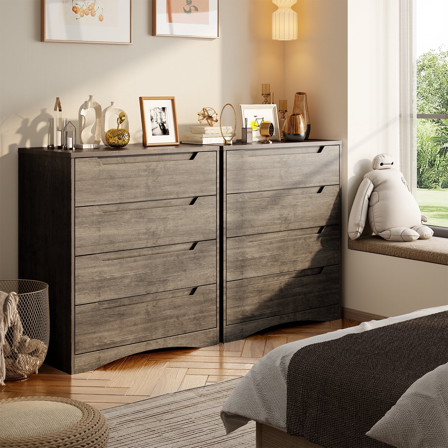 Aiho Dresser with 4 Drawers, Wood Tall Chest, Built-in Handle Drawers for Bedroom, Home, Living Room - Dark Grey