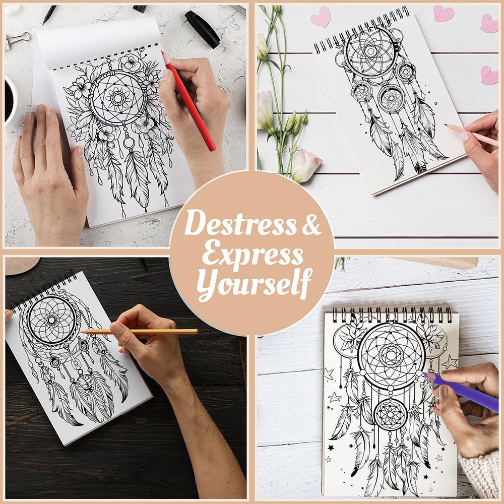 Netecom Dream Catcher Coloring Book Spiral Bound For Adults, A5 Wooden Cover, 30 Beautiful Coloring Pages in Spiritual and Mystical Designs for Stress Relief and Relaxation