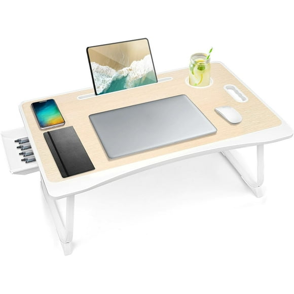 Foldable Portable Laptop Bed Desk Tray with Storage Drawer and Cup Holder for Breakfast and Reading - White Oak