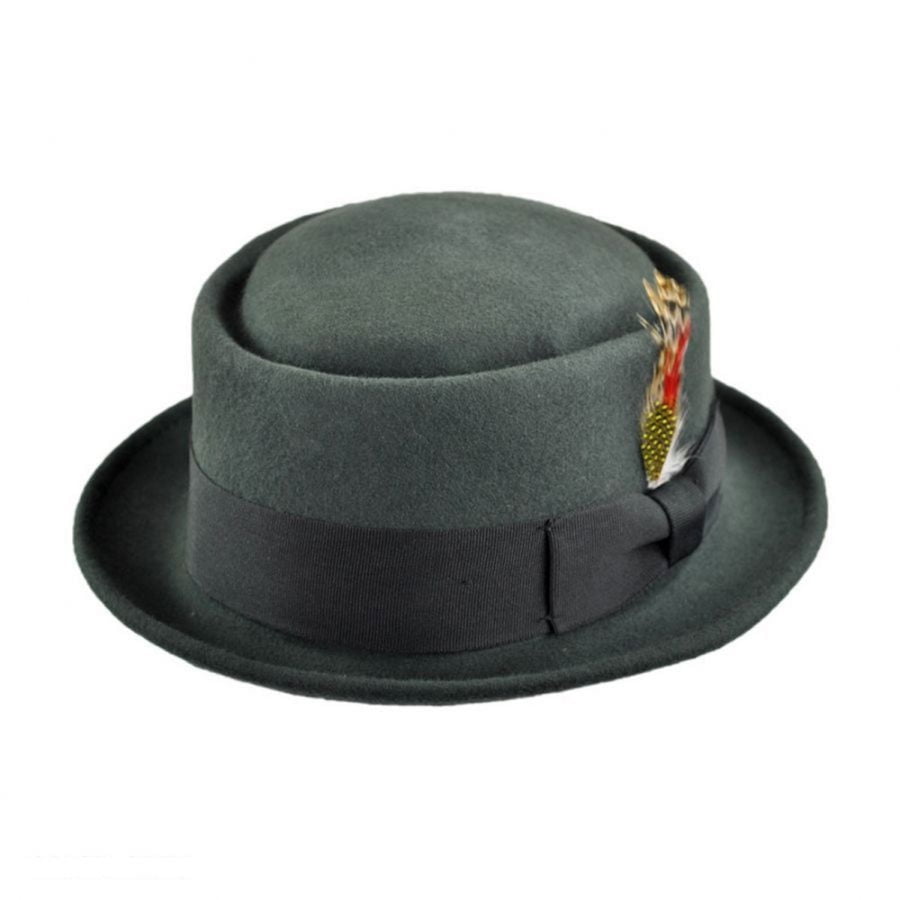 Mens Unisex Handmade 100% Wool Crushable Pork Pie Hat with Removable Feather and Side pin 