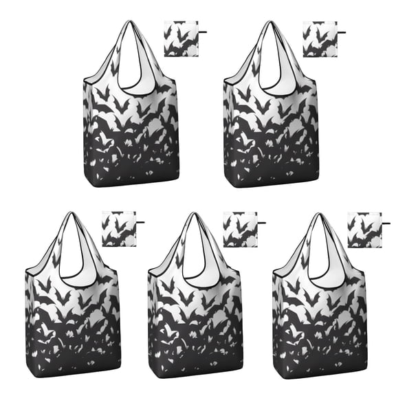 5 Pack Foldable Shopping Bag,Halloween Bat Swarm Pattern Reusable Grocery Bags with Pockets,Large Reusable Tote Bags with Handles Waterproof & Lightweight