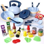 28PCS Kitchen Play Toy, Kids Pretend Play Cooking Set with Play Food,Cookware Pot and Pan Toy Set,Toy Utensils,Play Accessories Toys for Kids Toddlers Girls Boys(Blue)