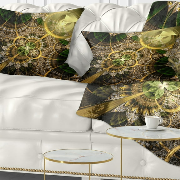 Designart Dark Green and Gold Fractal Flower - Floral Throw Pillow - 12x20