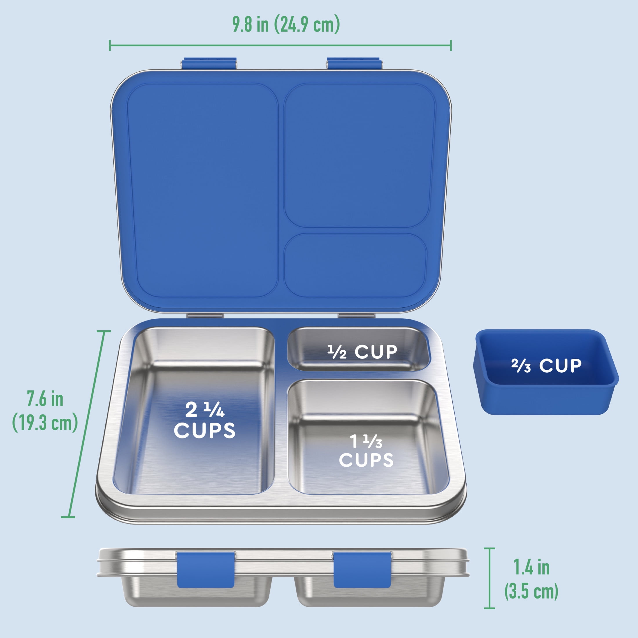 Bentgo Kids Stainless Steel Leak-Resistant Lunch Box - 3-Compartments with Bonus Silicone Container, Durable, Eco-Friendly, Dishwasher Safe, BPA-Free, Ideal for School, Ages 3+ (Blue)