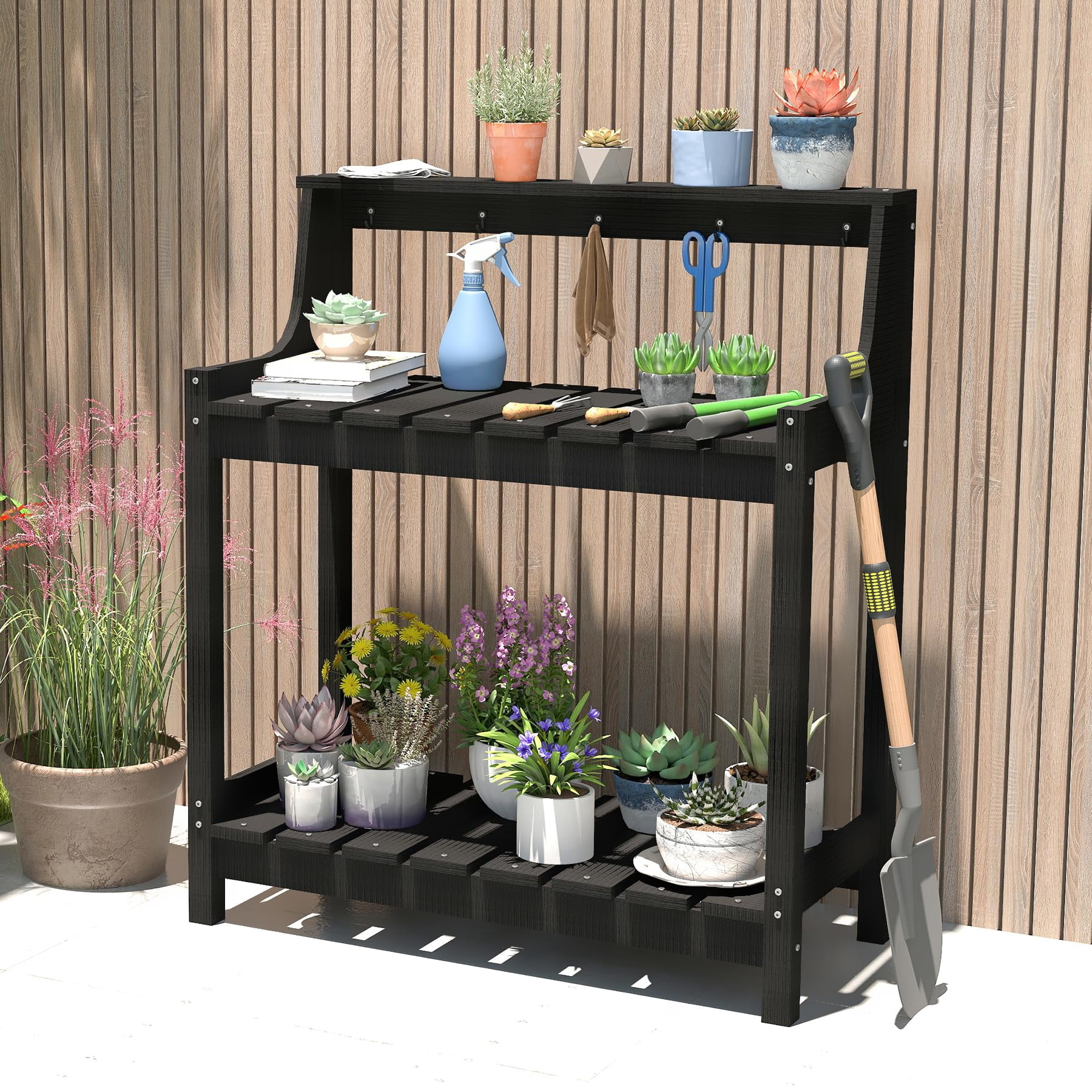 Potting Benches for Outside, HDPE Garden Potting Table All Weather, Outdoor Potting Table with Storage for Patio, Backyard, Garden, Black
