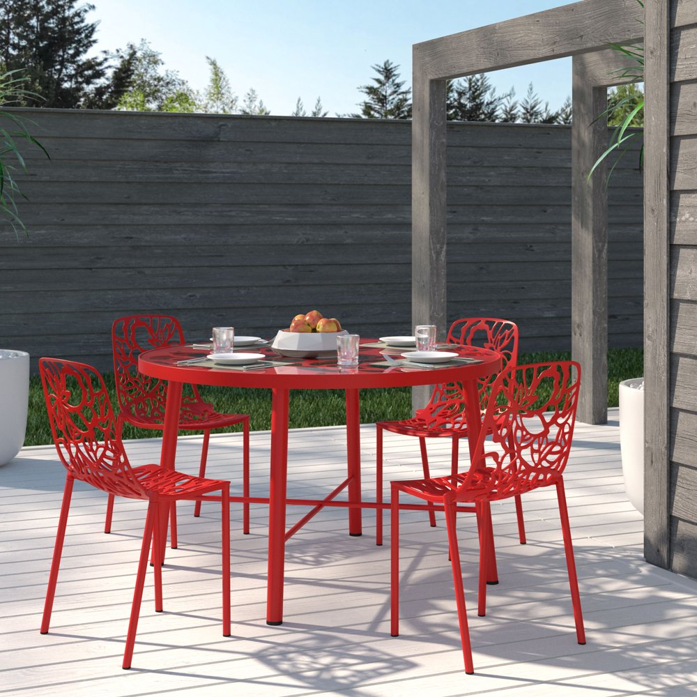 LeisureMod Devon Modern Aluminum Outdoor Dining Chair set of 4 in Red