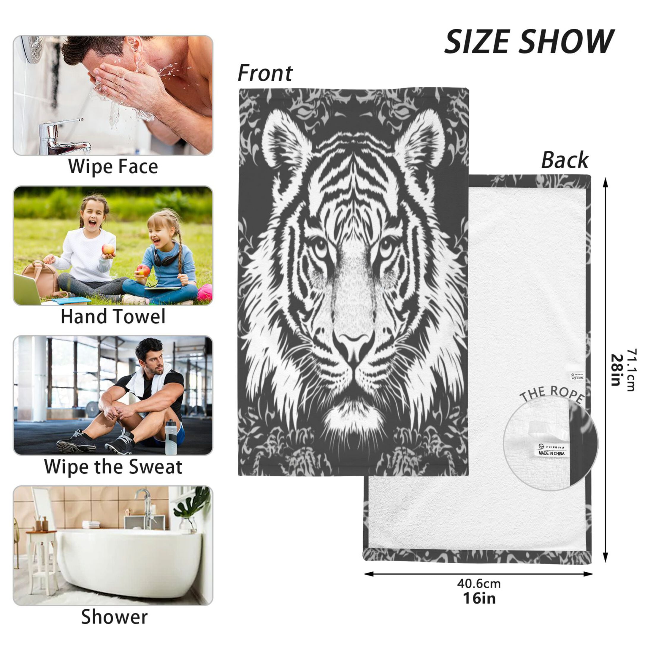 Cotton Towel Two-Piece 16x28 Inch One Sizex2 Face Towel Set Towel Set Cotton Hand Bath Towel Bathroom Beach Black and White Cartoon Tiger