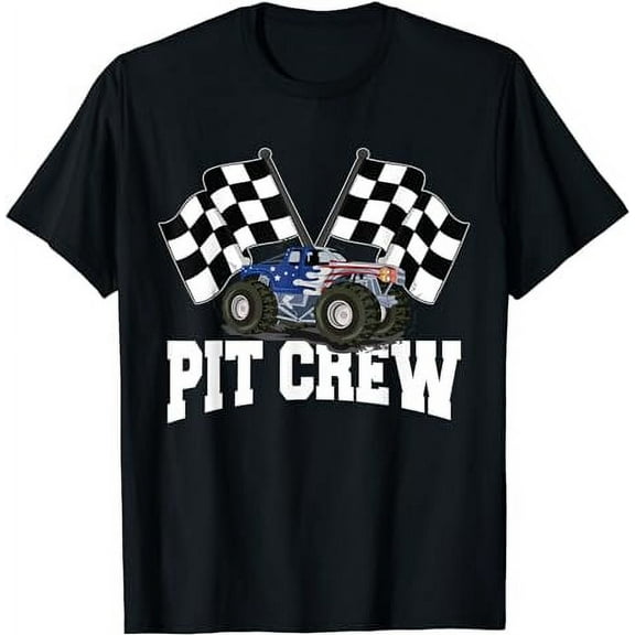 Pit Crew USA Monster Truck Racing Party And Checked Flag T-Shirt