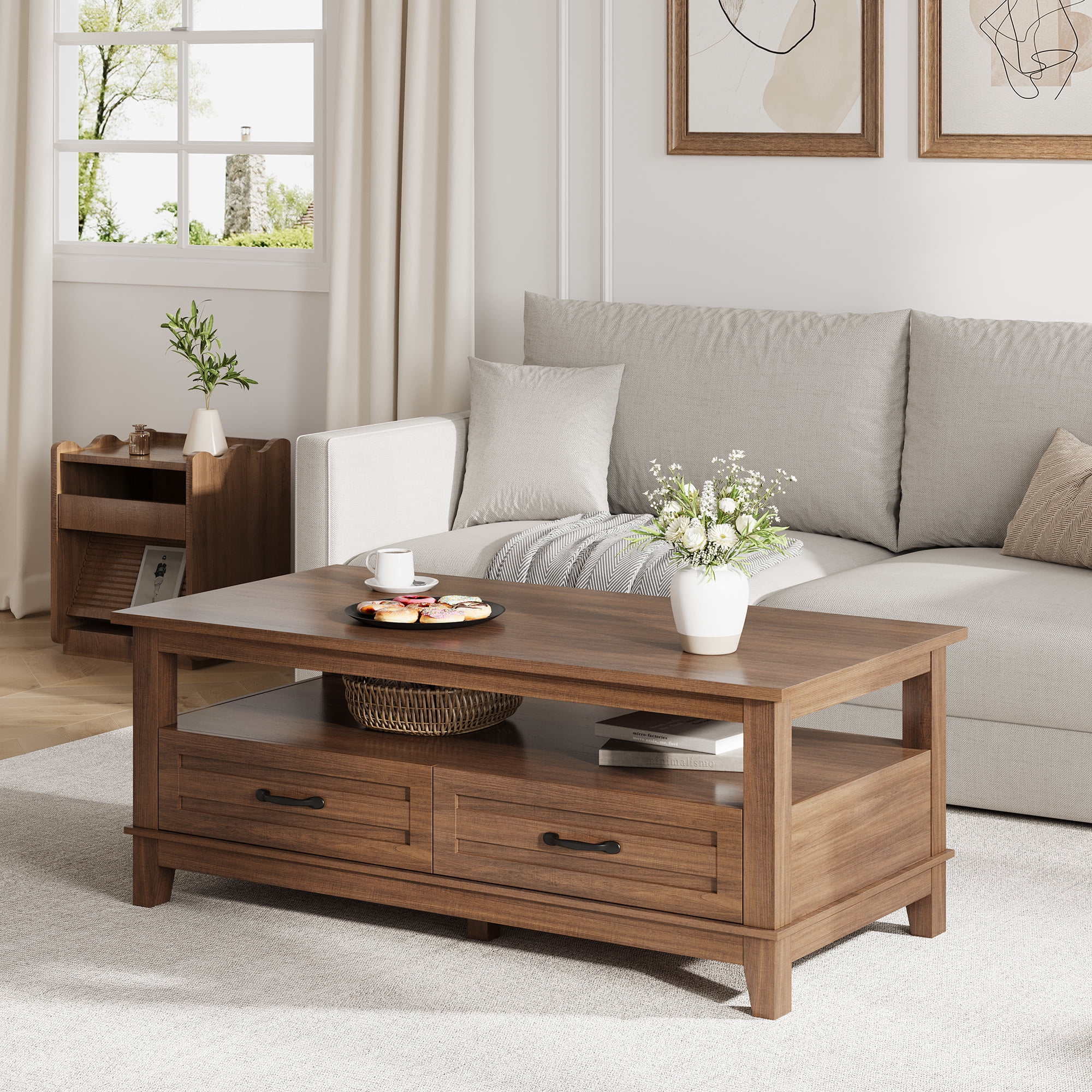 47.2" Farmhouse Coffee Table, Rustic Wood Coffee Table with 2 Storage Drawers and Open Shelf, Easy Assembly Living Room Table for Office, Parlor, Reading Room