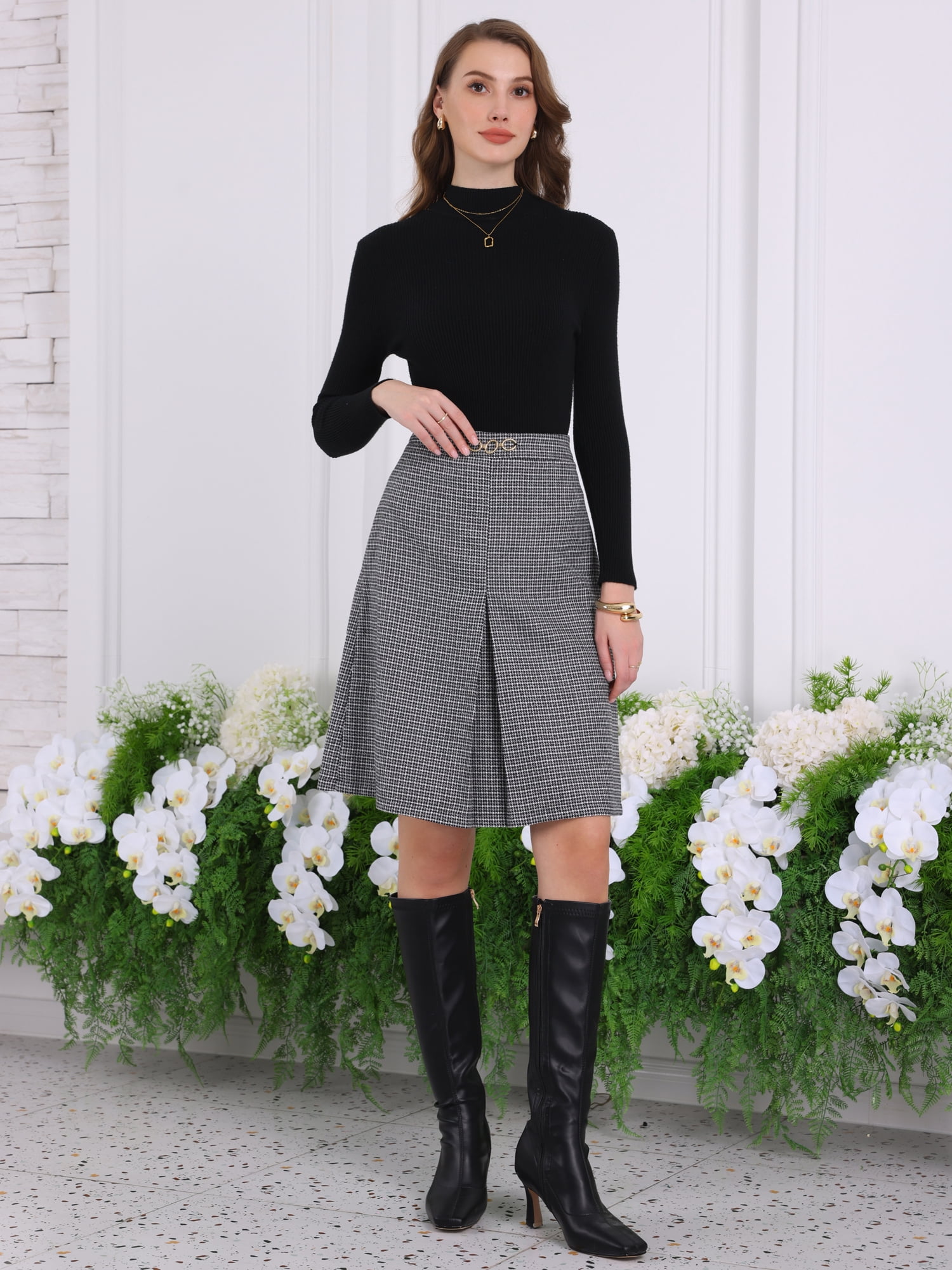 DARING DIVA Women's Knee Length Skirt High Waist Tartan Plaid Skirt M Black White