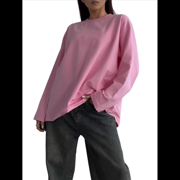 Camisetas de Larga Extragrandes para Mujer 2025, Camisetas Básicas de Cuello Redondo, Tops de Otoño, Ropa Informal de Entrenamiento Y2K Rosa L