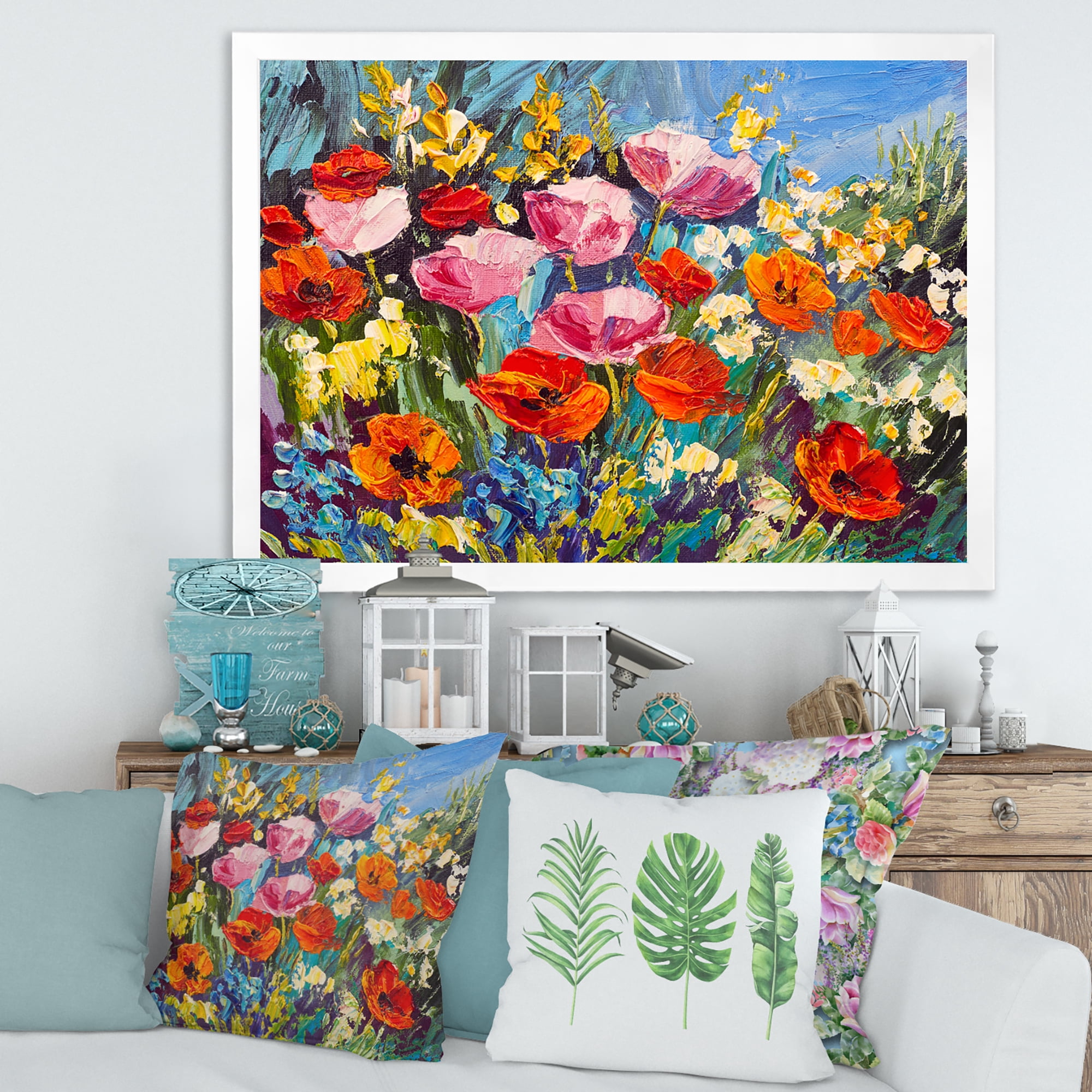 Designart 'Colorful Spring Poppies In Field' Traditional Framed Art Print