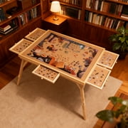 27 Inch High Tall 1500 Piece Puzzle Table with Legs, Large Wood Folding Jigsaw Puzzle Board with 5 Drawers for Adults, Game Table for Hobby Room Home Office, Natural