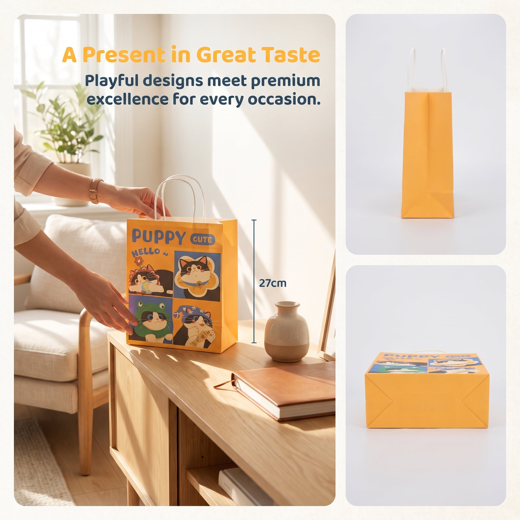 Unique Bargains Cartoon Gift Bags with Handles for Occasions Yellow Cat 8.3"x 4.3" x 10.6"