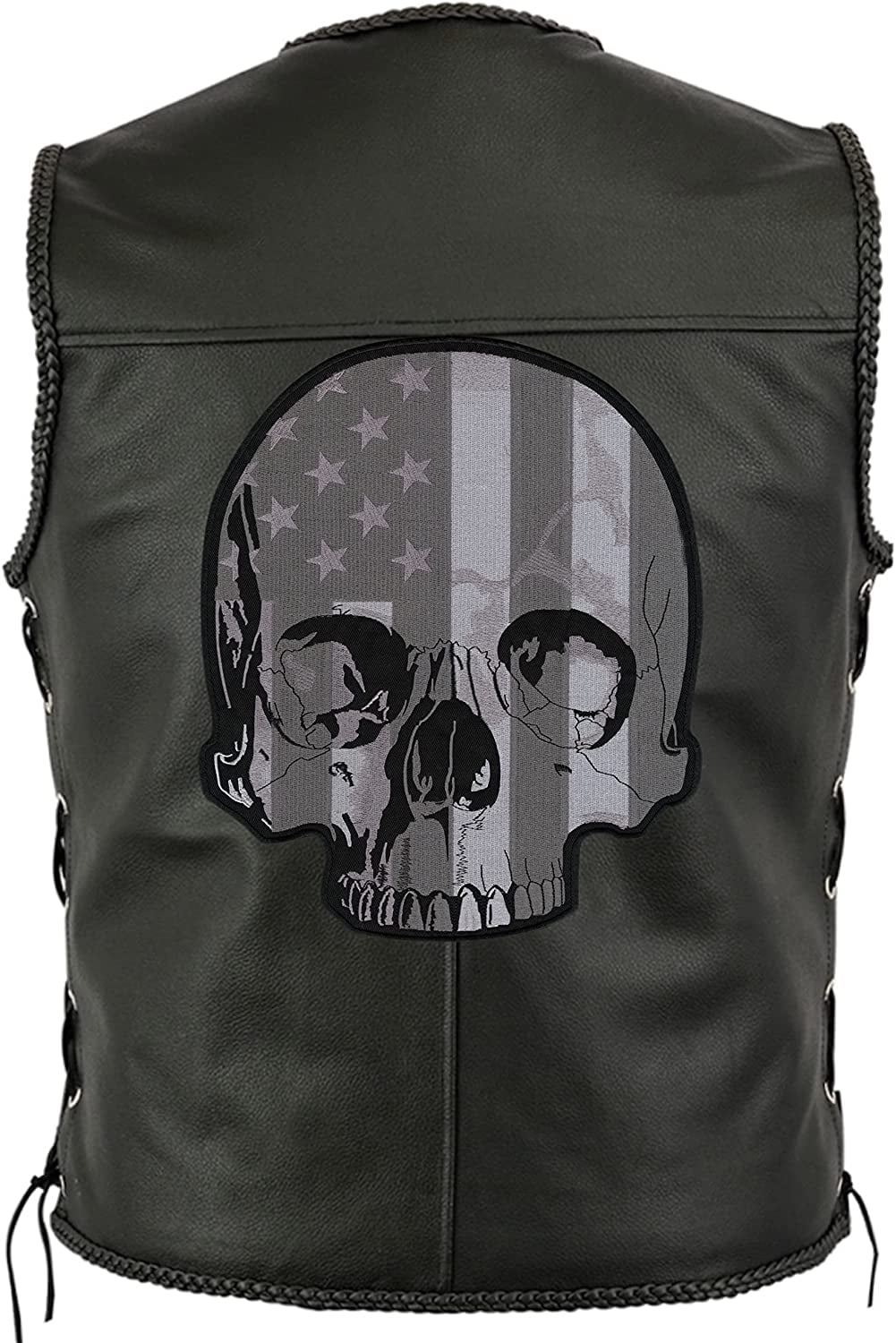 Subdued Half Skull Patch 12" | Black White US Flag Patriotic Halfskull Skeleton | Embroidered Iron On | Large Motorcycle Back Patches for Men and Women