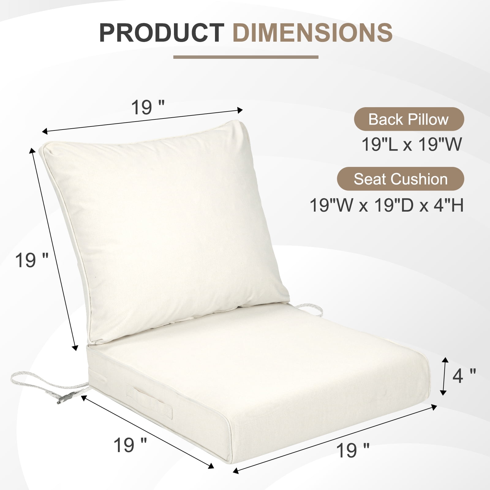 BPS 19x19 Inch Outdoor Deep Seat Cushion Set, Waterproof Patio Furniture Cushions with Adjustable Straps & Removable Cover for Patio, Deck, or Garden, Ivory White
