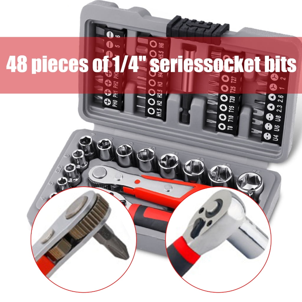 48Pcs Quick 1/4 Socket Wrench Ratchet Set Hexagonal Auto Repair Hand Tool
