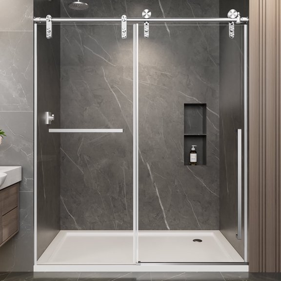 56"-60" W x 75" H Frameless Sliding Shower Door, Brushed Nickel Shower Screen, 5/16" (8mm) Clear Tempered Glass with Explosion-proof Film