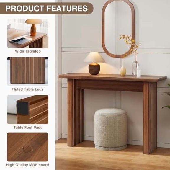 AVZEAR Mid Century Narrow Entryway Console Table, 43.3" Fluted Wood Couch Table Behind Sofa Long and Skinny for Living Room Hallway Entrance Foyer, Walnut