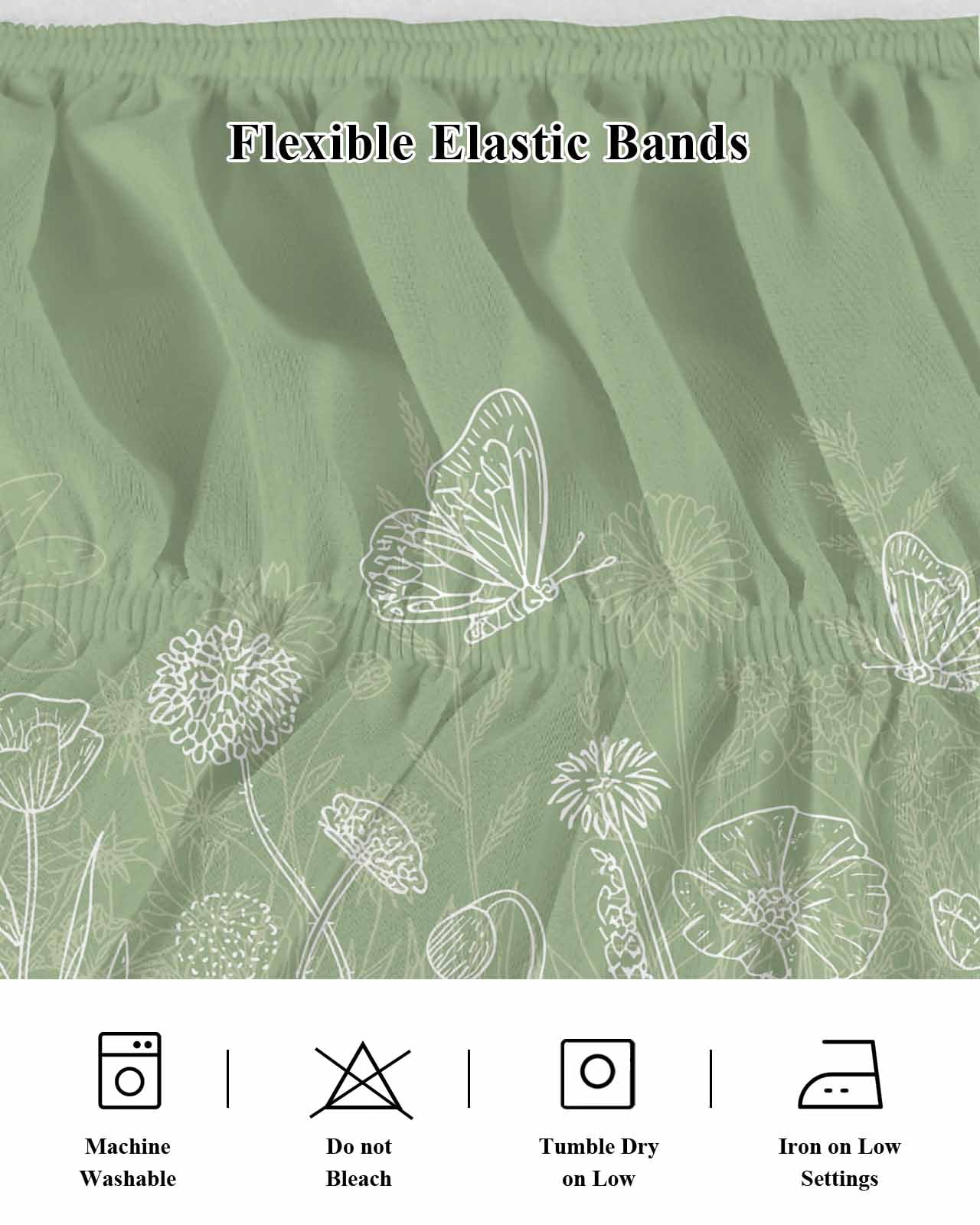 Spring Flower Butterfly Bed Skirt Queen Size 16 Inch Drop, Plant Floral Lines Countryside Green Adjustable Elastic Dust Ruffles Bedskirt for Queen Bed Wrap Around Pleated Mattress Frame Cover