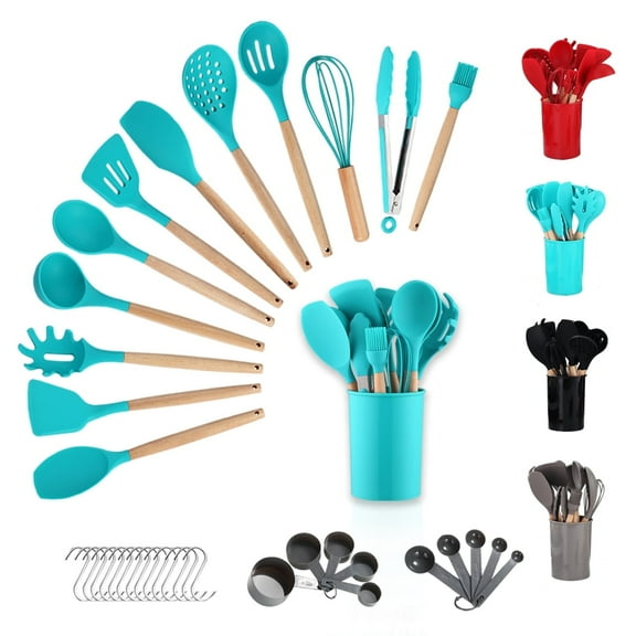 ReaNea Silicone Kitchen Utensils Set 38 Pieces and Utensil Holder (Blue)
