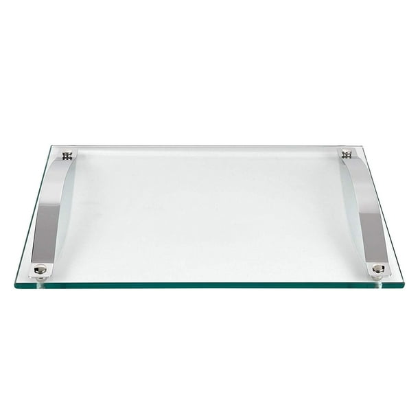 161/2 x 121/2 Inch Rectangular Glass Serving Tray with Chrome Handles