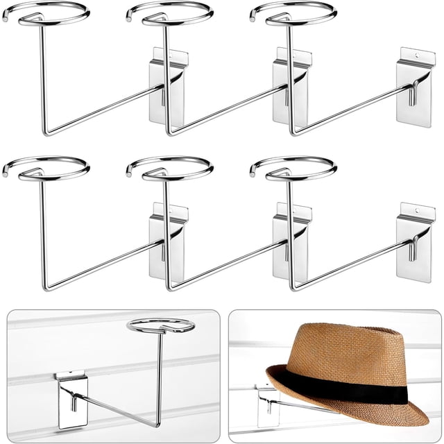Kigley 6 Pcs Hat Display Wall Mount, Metal Hat Helmet Rack Retail Store Display Shelves Organizer, Slat Wall Accessories for Home Retail Shop Racks Craft Show Garage (Silver)