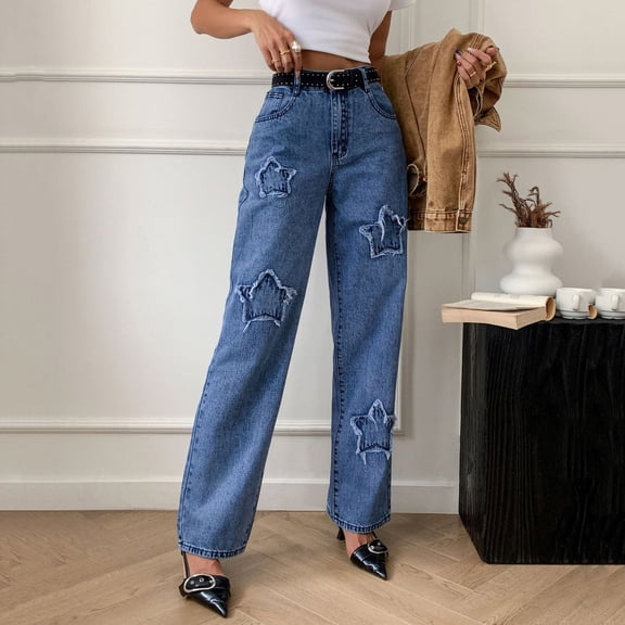 ClodeEU Women's Mid Rise Wide Leg Denim Jeans with Star Pattern,Casual Trendy Baggy Pants Dark Blue,Women's Plus L
