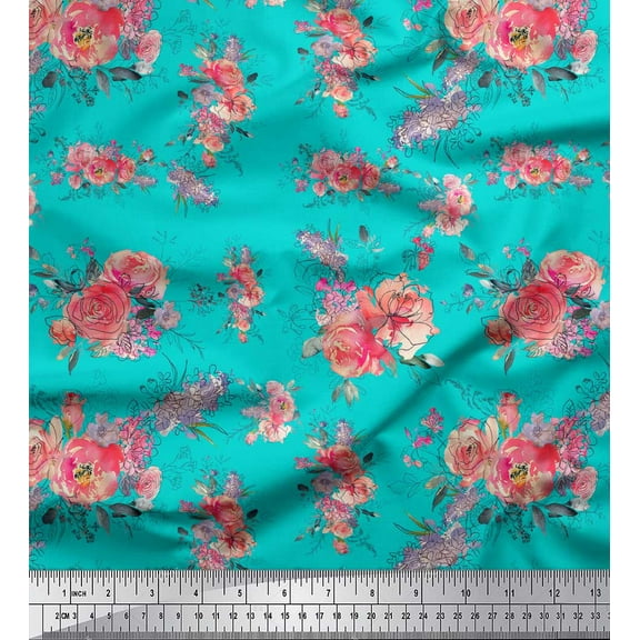 Soimoi Green Cotton Duck Fabric Ranunculus & Roses Floral Print Fabric by Yard 44 Inch Wide