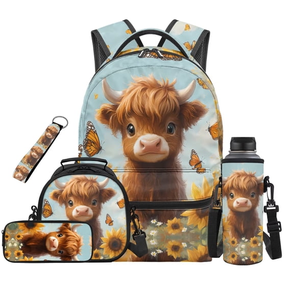 HUIACONG Sunflower Highland Cow Backpack and Lunch Box Set, 17 Inch Cute Kids School Bag, Spacious for School Supplies & Snacks