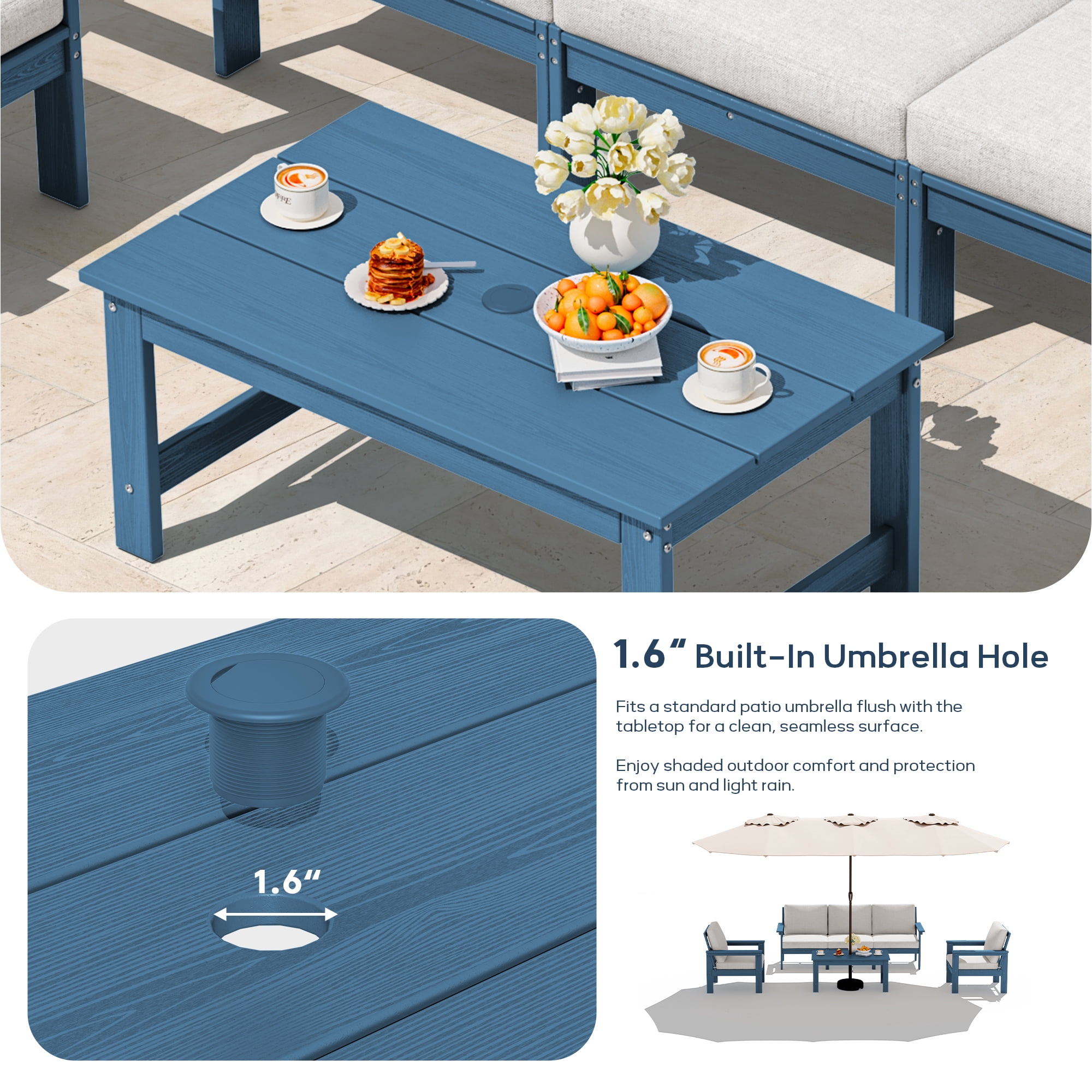 SERWALL Outdoor Patio Furniture Set, 6-Piece HDPE Outdoor Sofa Set Patio Conversation Set, Blue Frame with Beige Cushions