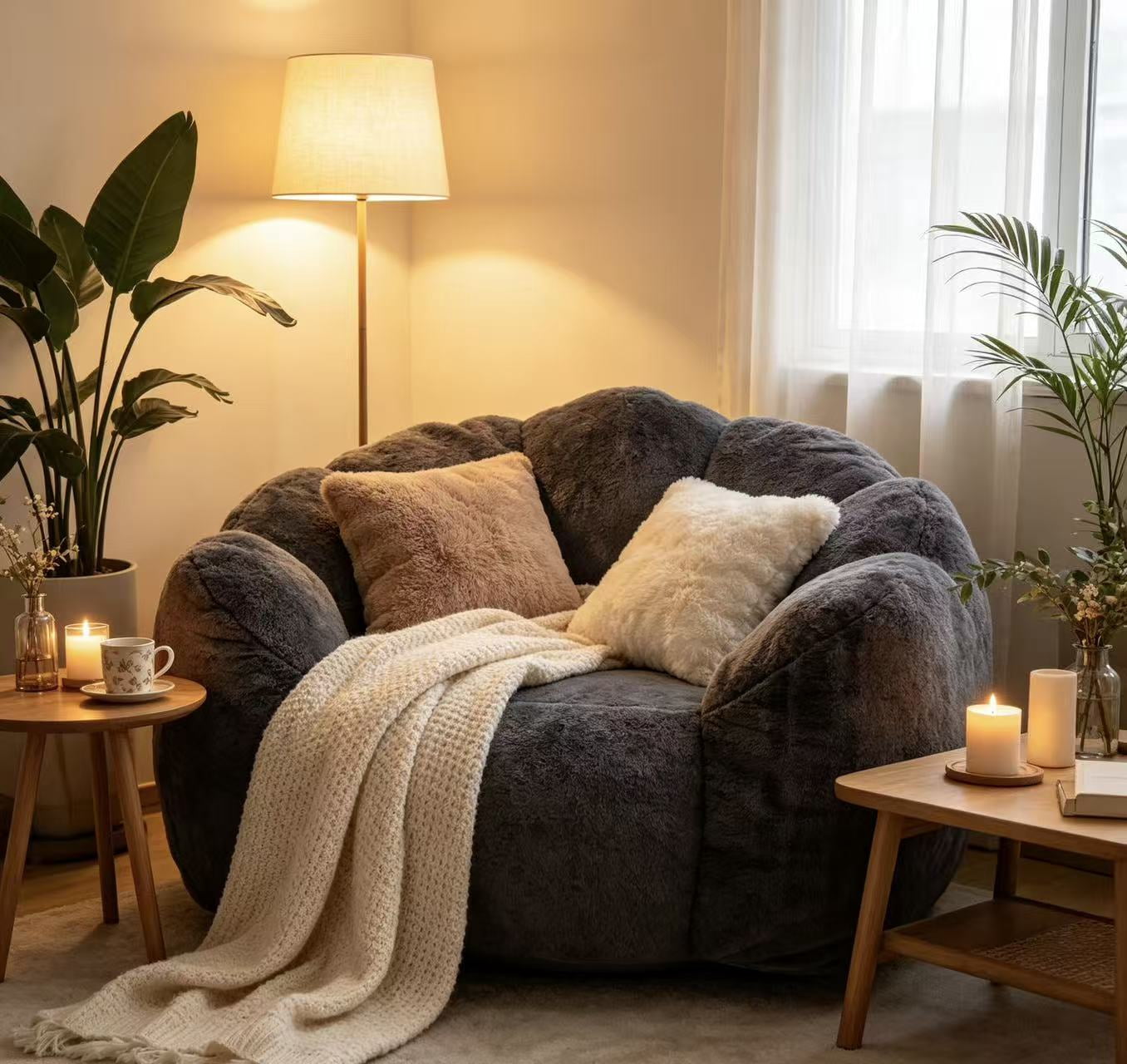 Leumius Cloud Lazy Sofa Chair,Velvet Bean Bag Chair,Comfortable Floral-Shaped Lounger Lazy Sofa for Bedroom/Living Room/Gaming,Antique Grey