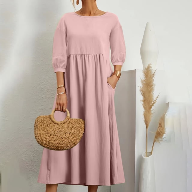 Offres de Liquidation d'Automne! Robes Mignonnes pour Femmes, Mode d'Été pour Femmes Robe Ample à Manches Longues Col Rond Couleur Unie Longueur Cheville Rose TG