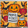 thumbnail image 1 of Vibrant Halloween Shower Curtain with Grinning Lanterns & Bats - "PROPFOL TO STRCES" Design, 1 of 4